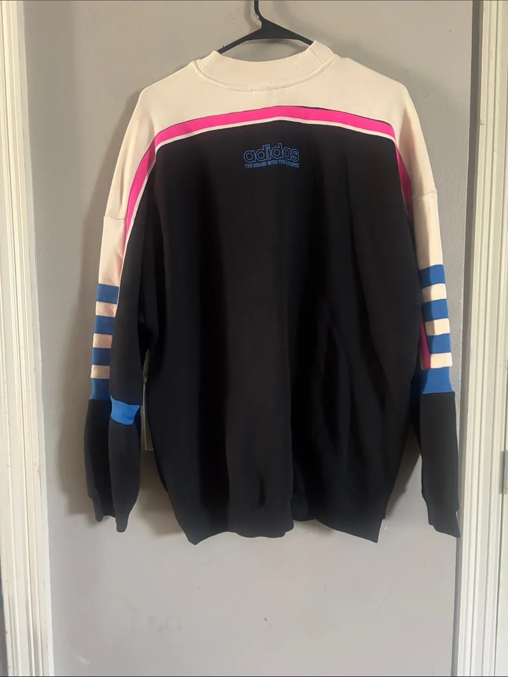 adidas Black Crewneck Sweatshirt with Blue Logo and Pink Trim
